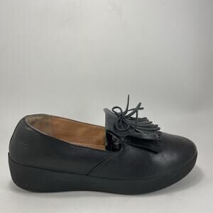 Fitflop Superskate Loafers Womens Size 8.5 Black Leather Kiltie Fringe Tassel